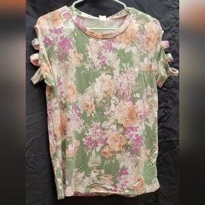 Green Floral Sew In Love Shirt With Strappy Sleeve Detail - Small